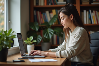 Jeune femme concentrée travaillant sur son ordinateur dans un bureau cosy