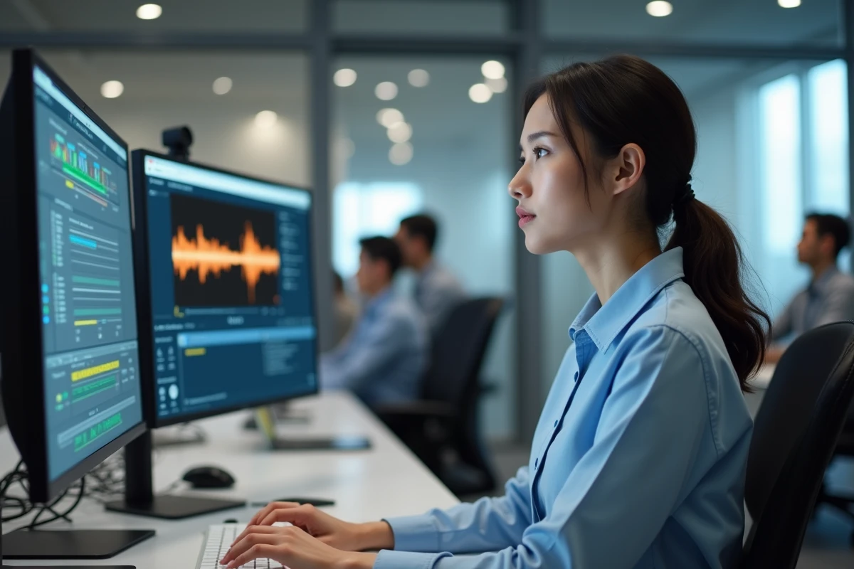 Femme concentrée devant deux écrans affichant un logiciel audio et un site de conversion vidéo en MP3 dans un bureau moderne