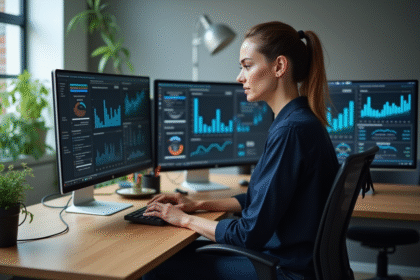 Femme concentrée travaillant sur des données dans un bureau moderne