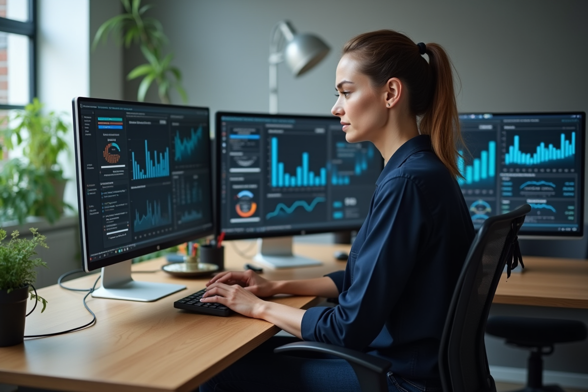Femme concentrée travaillant sur des données dans un bureau moderne