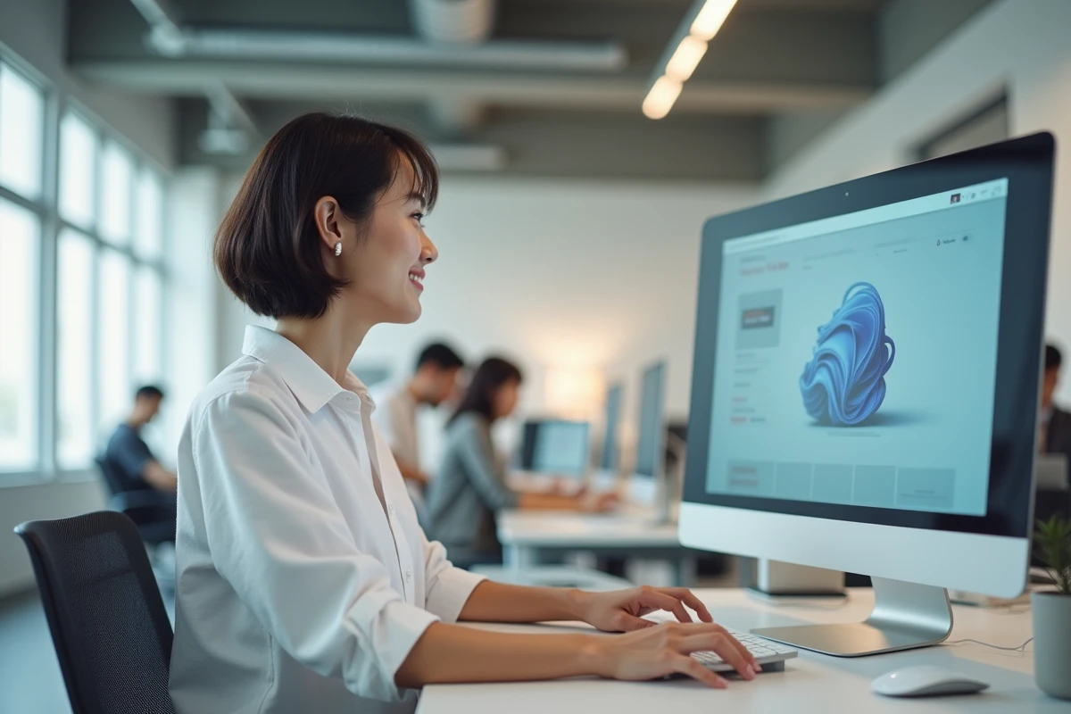Femme dans un bureau moderne observant un effet de rotation de page web sur son écran d'ordinateur
