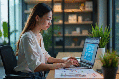 Jeune femme au bureau utilisant un ordinateur portable moderne