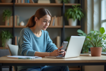 Jeune femme au bureau utilisant un ordinateur portable