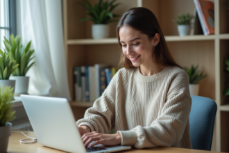Jeune femme au bureau utilisant un ordinateur portable
