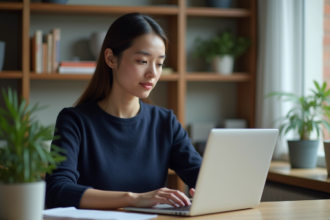Jeune femme concentrée travaillant sur un ordinateur dans un bureau moderne