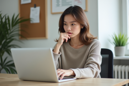 Jeune femme professionnelle au bureau travaillant sur son ordinateur