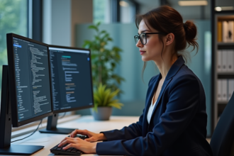 Jeune femme en costume de bureau travaillant sur plusieurs écrans