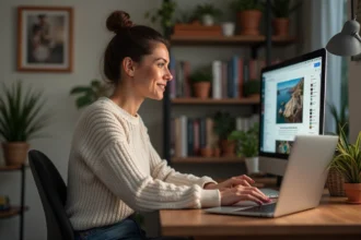 Femme en bureau cosy examinant une photo sur son ordinateur