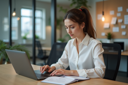 Jeune femme au bureau analysant des notes SEO