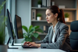 Femme d affaires comparant des laptops en bureau moderne