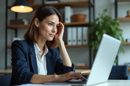 Femme en bureau regardant son ordinateur webmail