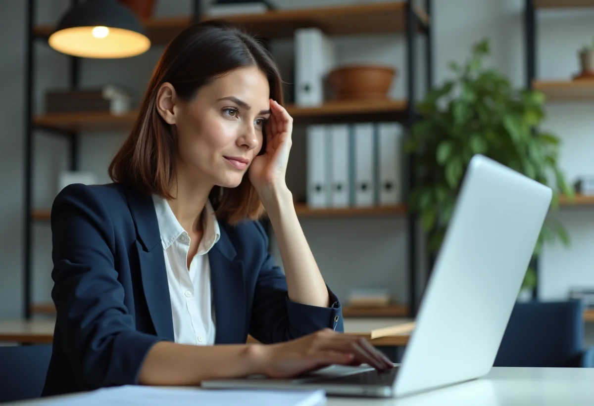 Femme en bureau regardant son ordinateur webmail