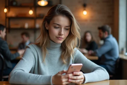 Jeune femme dans un café consultant une application mobile pour visionner des stories de manière anonyme sur son smartphone