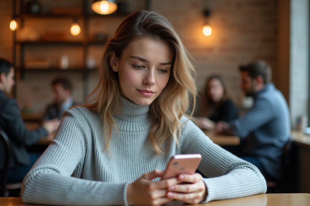 Jeune femme dans un café consultant une application mobile pour visionner des stories de manière anonyme sur son smartphone
