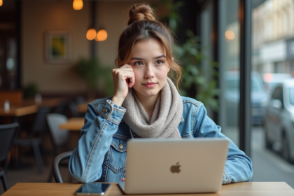 Jeune femme au café couvrant sa webcam avec un slider