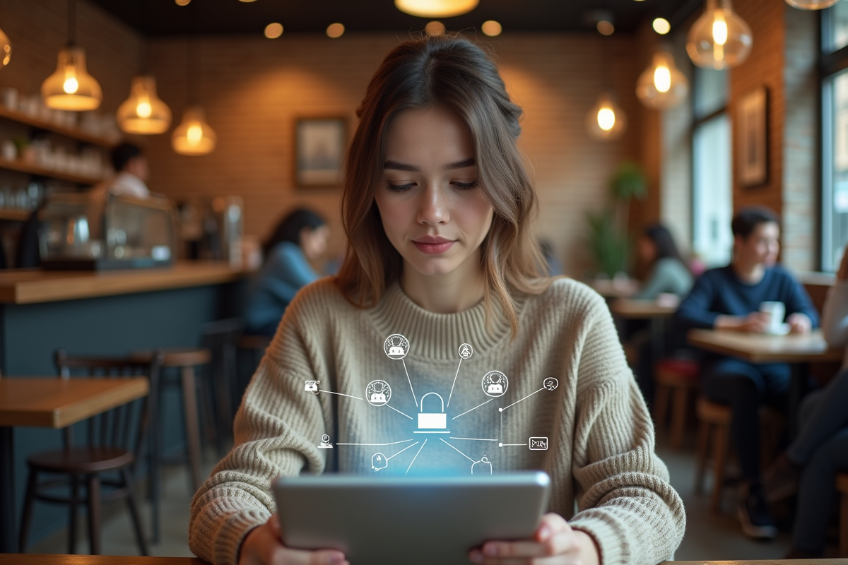 Jeune femme étudiant des backlinks sur une tablette en café