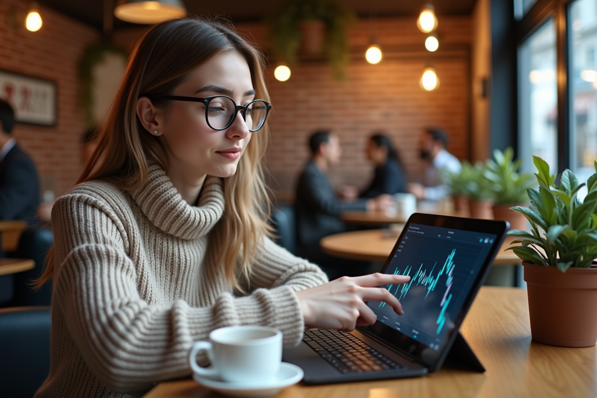 Jeune femme dans un café lisant un graphique sur une tablette