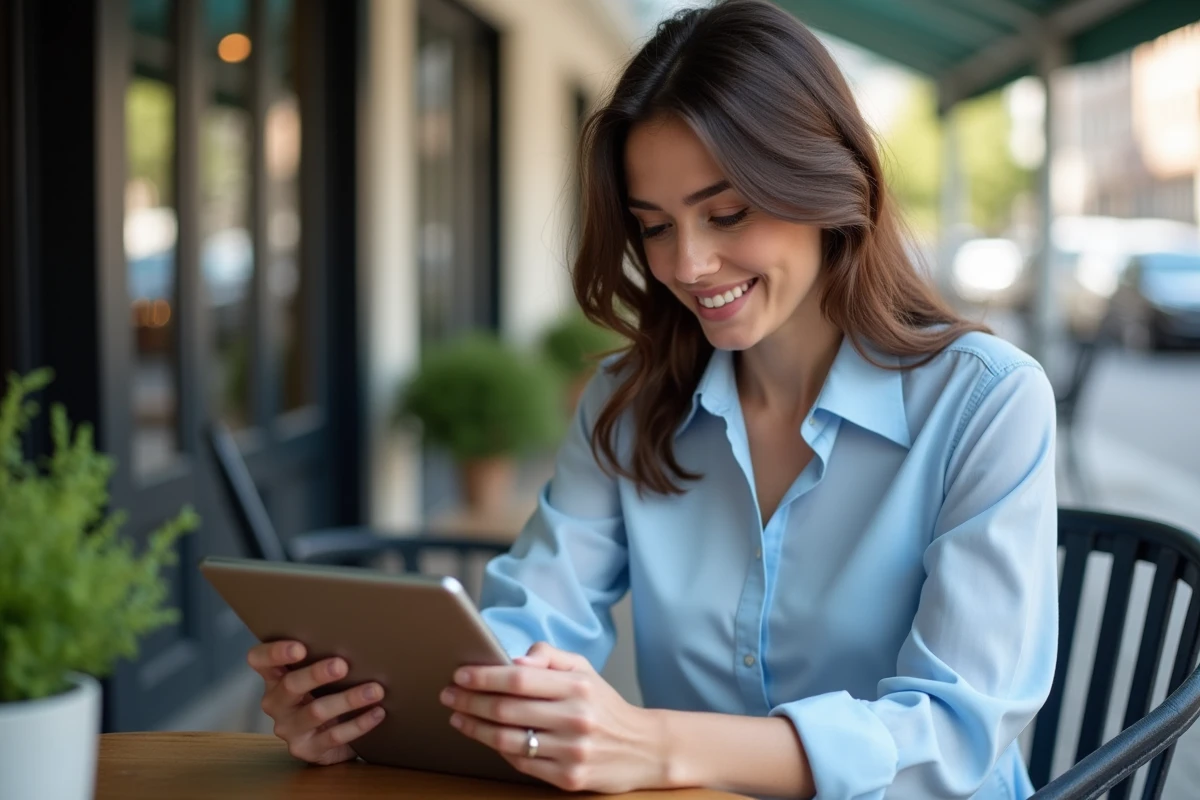 Femme professionnelle lisant des actualités technologiques sur sa tablette en terrasse