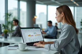 Femme utilisant Excel pour calculer des pourcentages sur un ordinateur portable en bureau moderne