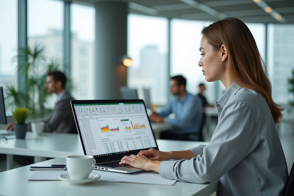Femme utilisant Excel pour calculer des pourcentages sur un ordinateur portable en bureau moderne