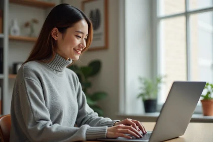 Jeune femme utilisant un calculateur de signes sur son ordinateur portable dans un bureau minimaliste