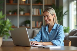 Femme d'âge moyen travaillant sur son ordinateur à la maison