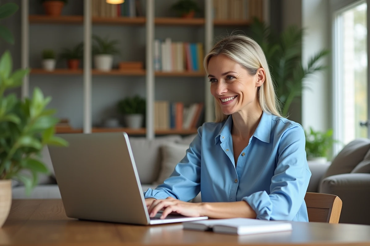 Femme d'âge moyen travaillant sur son ordinateur à la maison