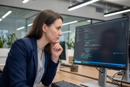 Femme concentrée en code informatique dans un bureau moderne