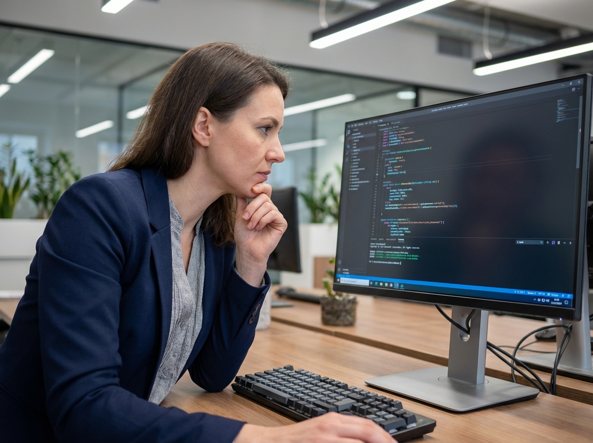 Femme concentrée en code informatique dans un bureau moderne