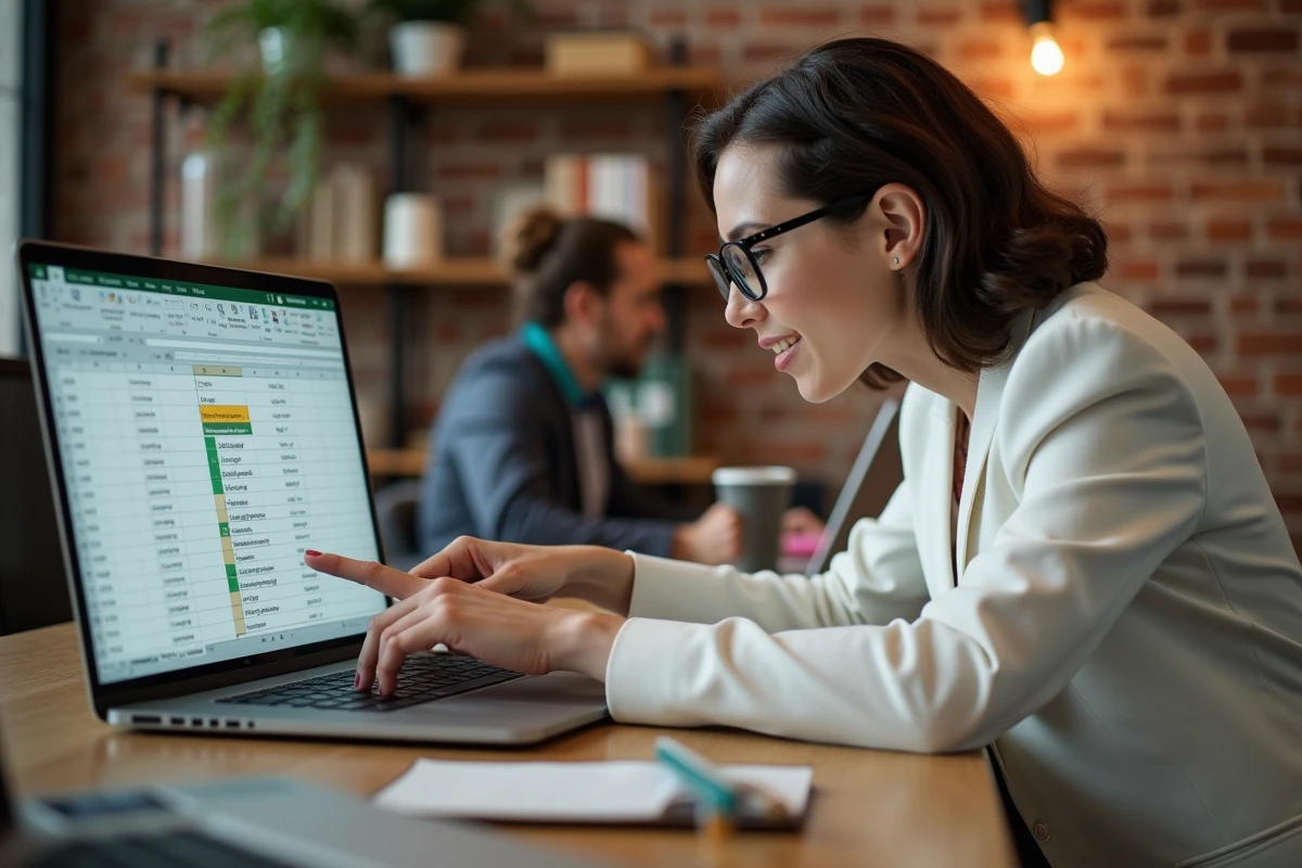 Professionnelle pointant un code VBA For Loop sur un écran d'ordinateur dans un espace de coworking