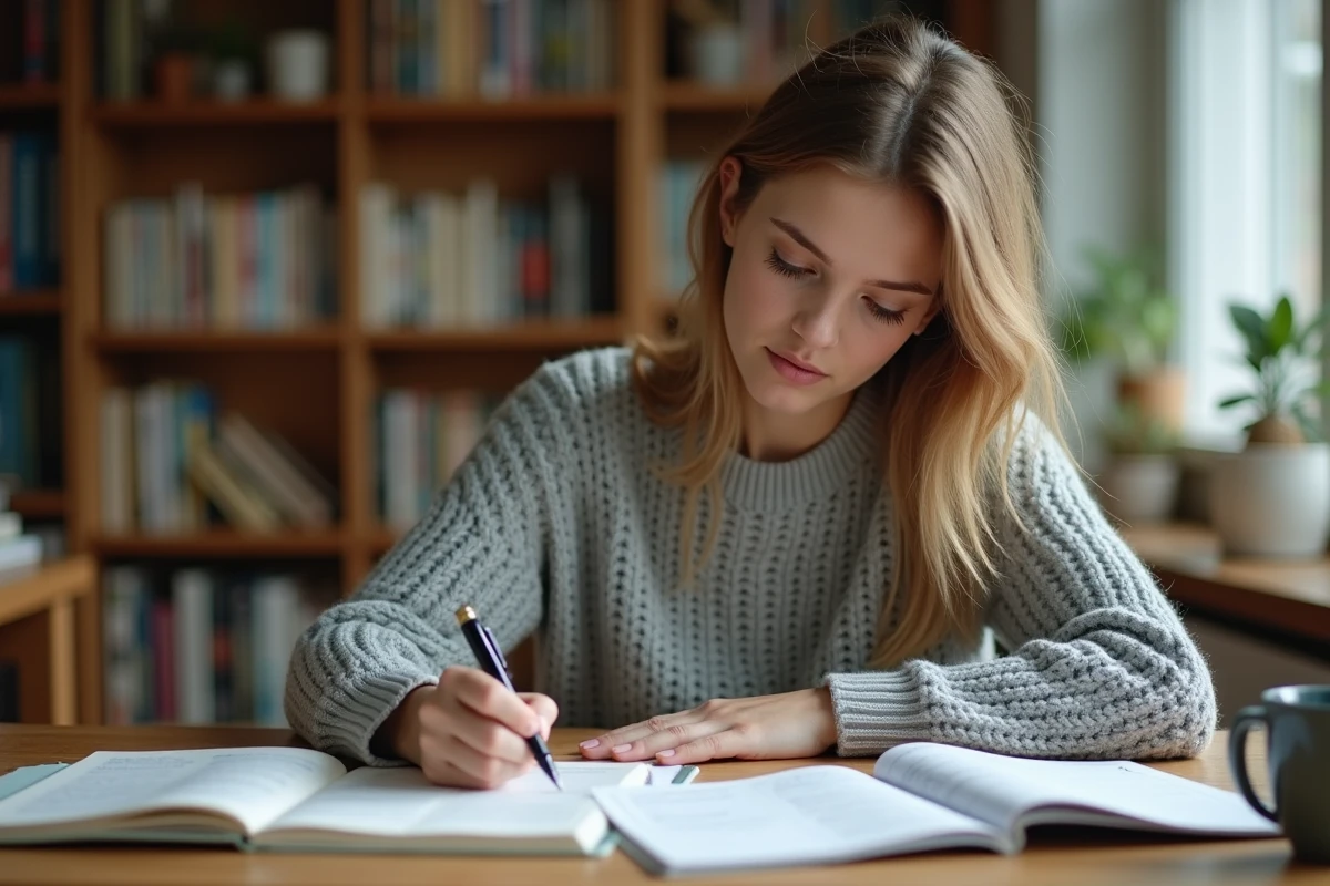 Jeune femme concentrée qui écrit sans fautes sur une feuille blanche dans un bureau cosy, illustrant un test d'écriture réussi