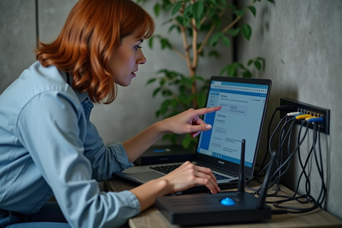 Femme configurant un routeur domestique avec interface d'administration et adresse IP visible