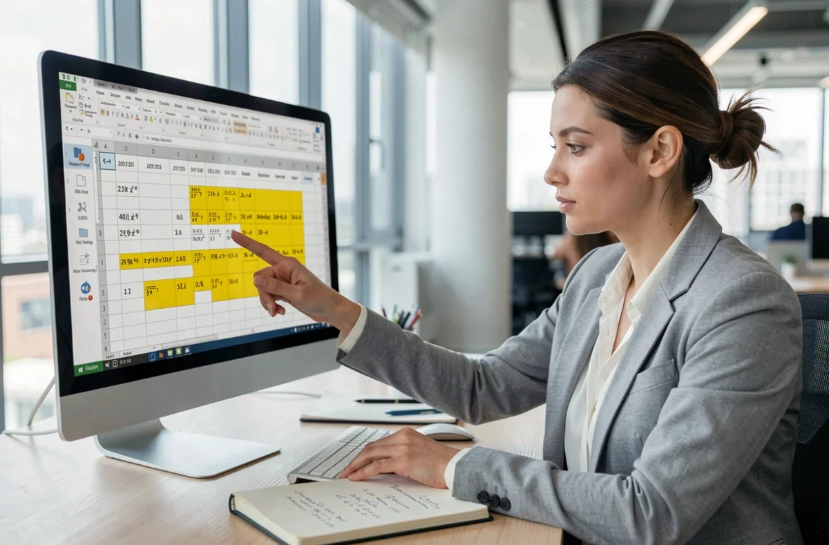 Femme en blazer gris pointant une formule de calcul de différence de dates dans Excel sur un écran de bureau