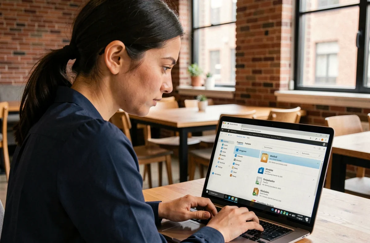 Femme consultant la liste des programmes installés sur Windows pour désinstaller WinRAR