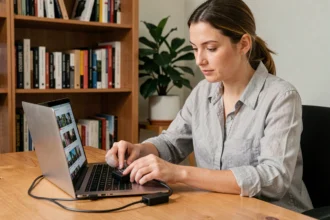 Femme connectant un disque dur externe portable à un ordinateur portable pour organiser ses photos dans un bureau à domicile
