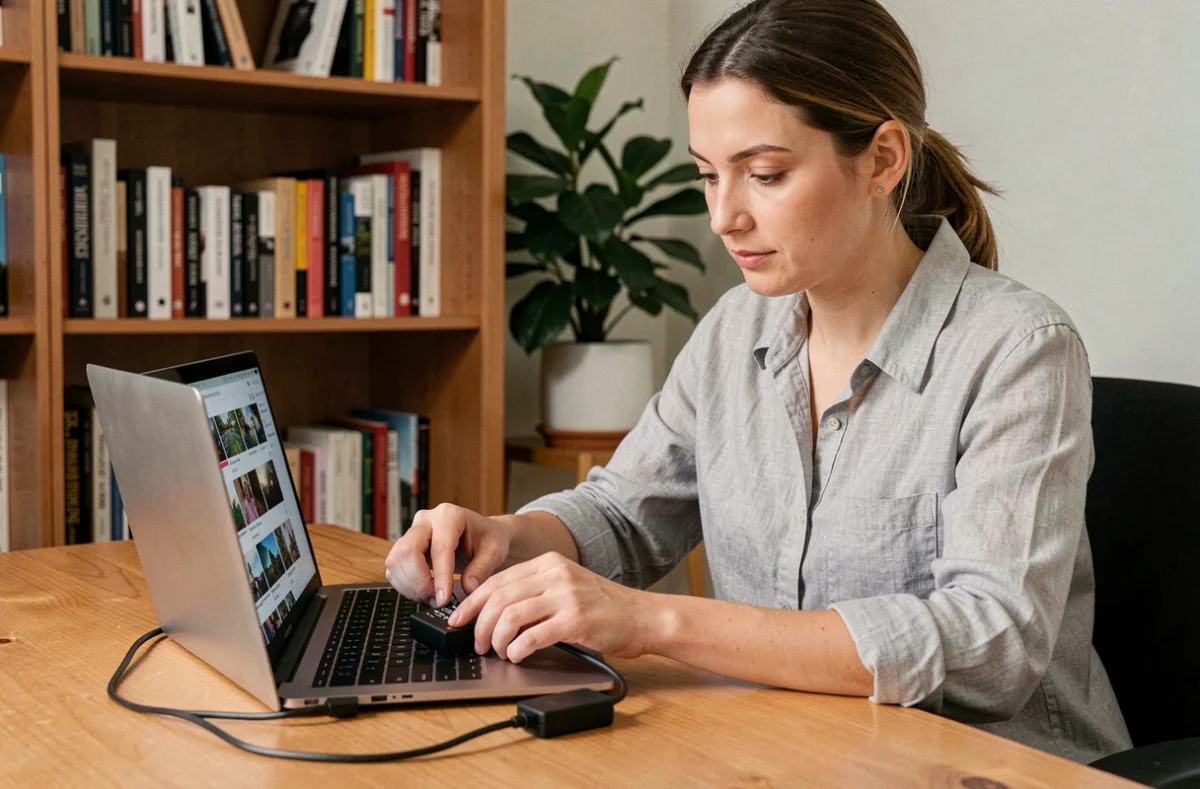 Femme connectant un disque dur externe portable à un ordinateur portable pour organiser ses photos dans un bureau à domicile