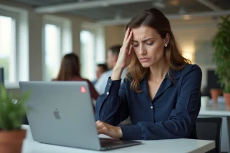 Femme frustrée devant son ordinateur portable affichant une erreur de messagerie webmail au bureau