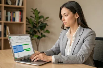 Femme utilisant Excel pour calculer une moyenne pondérée avec des formules dynamiques sur un ordinateur portable