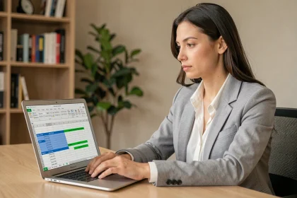 Femme utilisant Excel pour calculer une moyenne pondérée avec des formules dynamiques sur un ordinateur portable