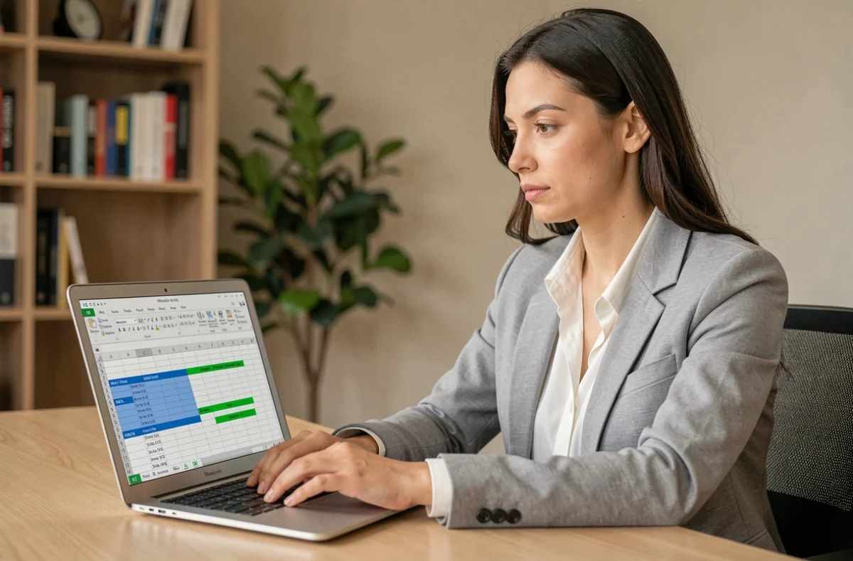 Femme utilisant Excel pour calculer une moyenne pondérée avec des formules dynamiques sur un ordinateur portable