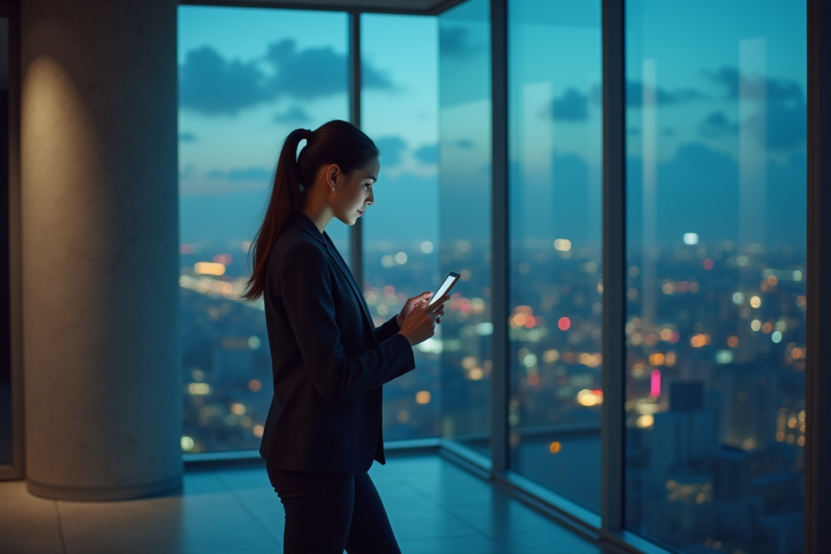 Jeune femme cadre regardant son smartphone en ville