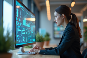 Jeune femme en tenue professionnelle interagit avec infographies Web3