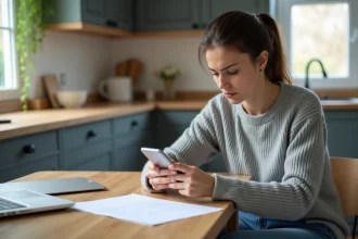 Femme examinant son iPhone à la cuisine