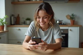 Jeune femme en jeans utilisant son téléphone dans une cuisine lumineuse