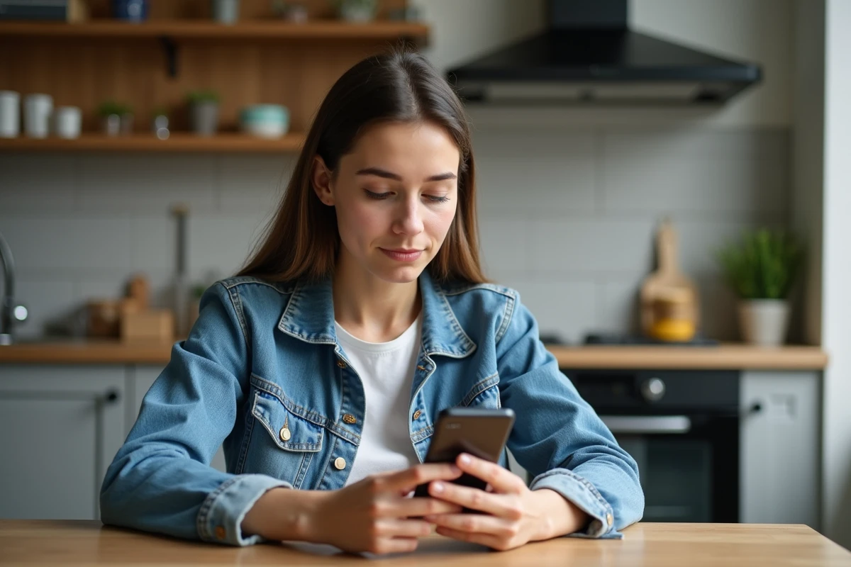 Jeune femme regardant son téléphone Android en cuisine