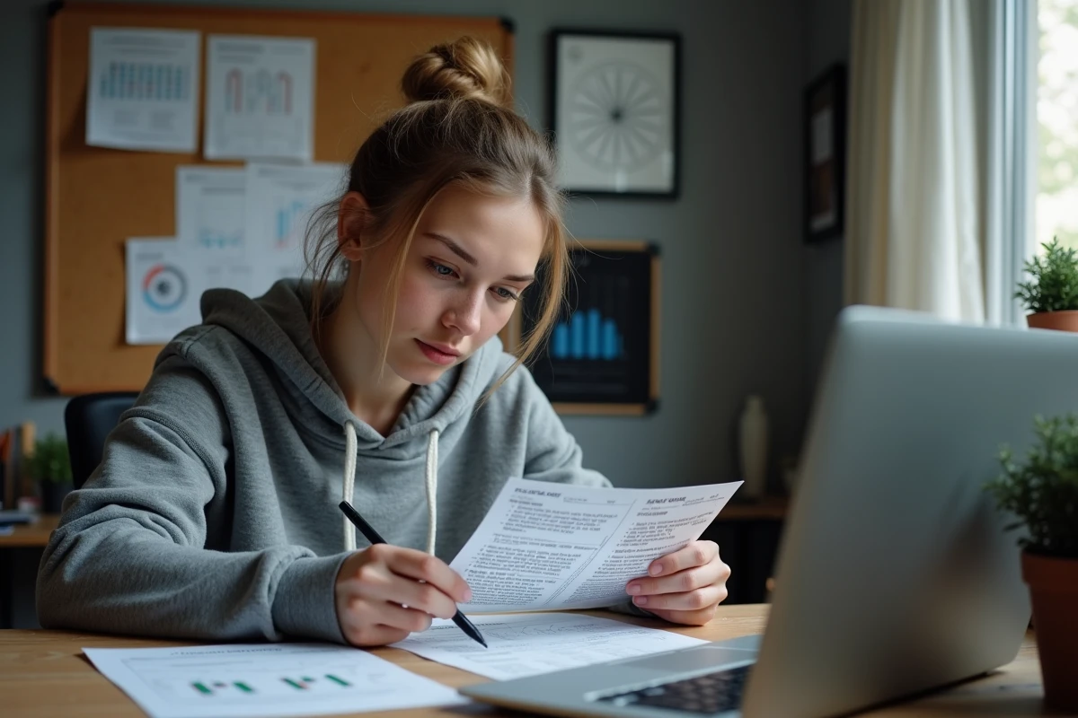 Jeune femme examinant des logs DNS imprimés dans un bureau maison