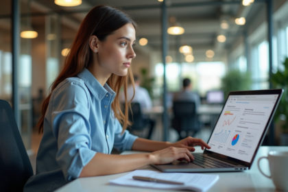 Jeune femme professionnelle utilisant un logiciel marketing