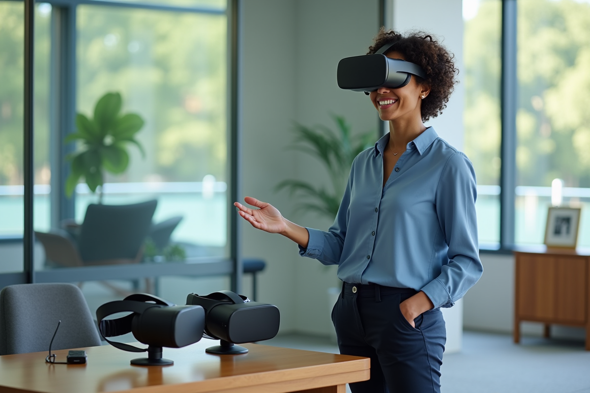 Femme en bureau discutant avec deux casques VR sur la table