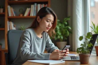 Femme en intérieur utilisant son smartphone pour Instagram