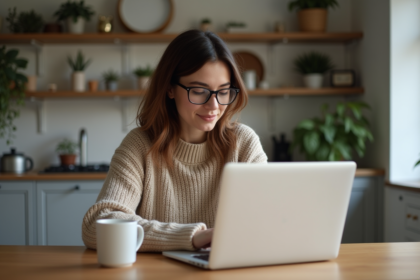 Femme en sweater met en ligne ses réglages WiFi à la maison